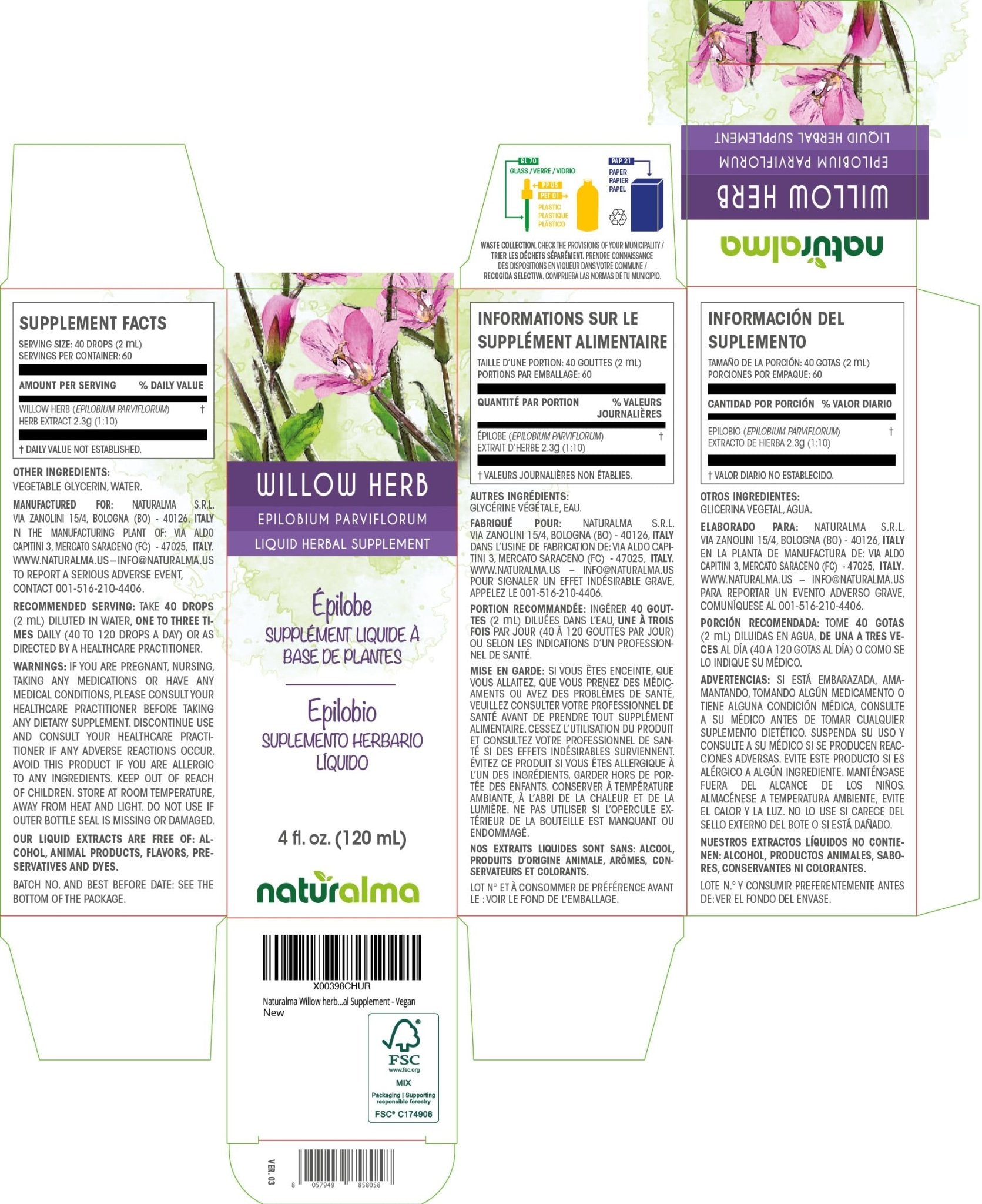 Naturalma Willow herb or Fireweed (Epilobium parviflorum) herb Alcohol-Free Tincture - 4 fl oz Liquid Extract in Drops - Herbal Supplement - Vegan - dailyvitalstore
