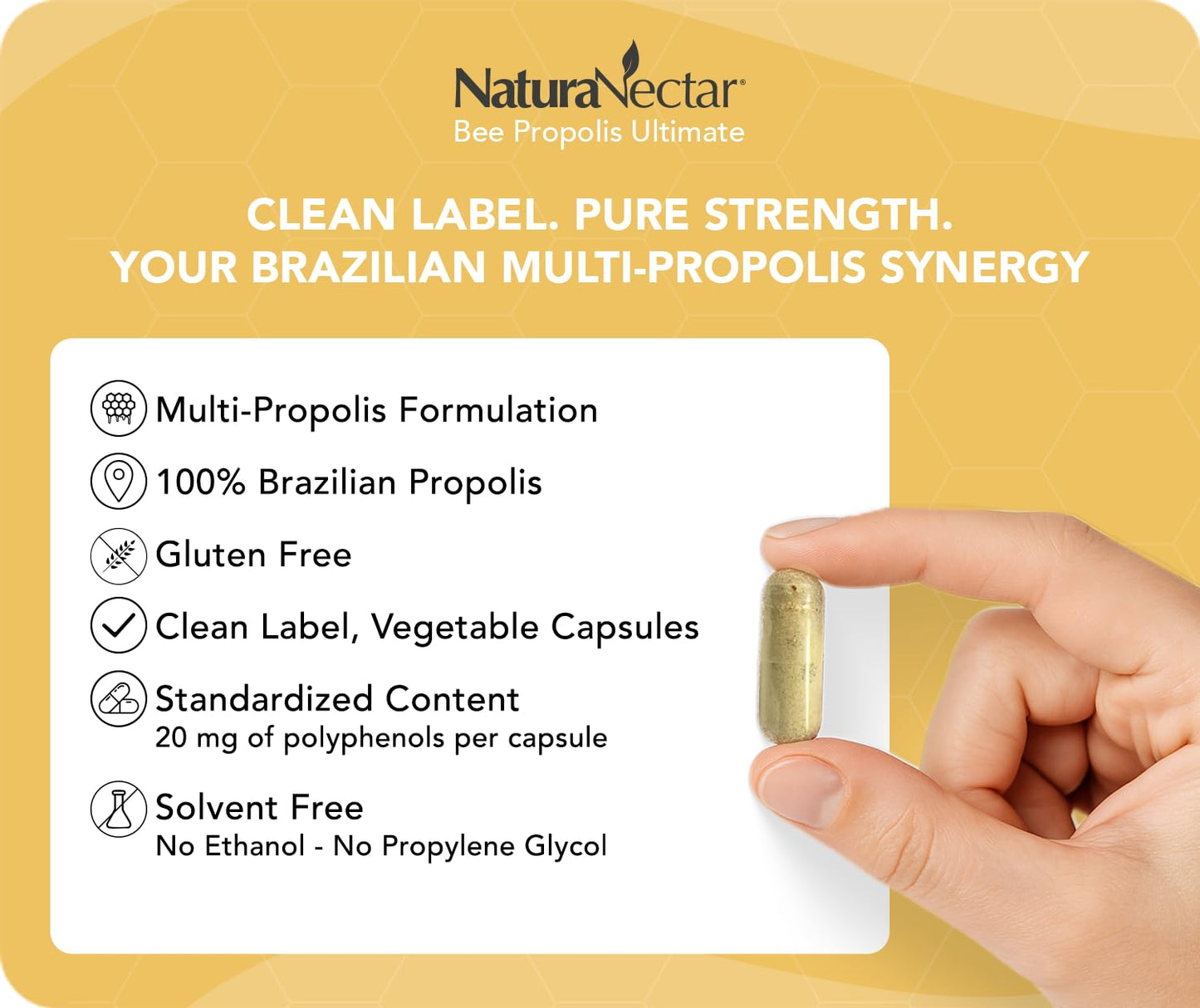 NaturaNectar - Ultimate Bee Propolis Capsules - NSF Contents Certified -Brazilian Red, Brown, & Green - Gluten-Free Supplement with Flavonoids - Naturally Sourced Through Ethical Beekeeping (60pcs.) - dailyvitalstore