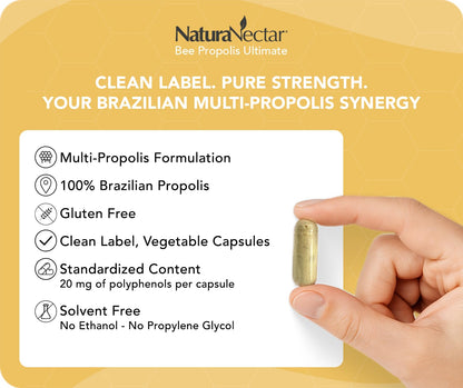 NaturaNectar - Ultimate Bee Propolis Capsules - NSF Contents Certified -Brazilian Red, Brown, & Green - Gluten-Free Supplement with Flavonoids - Naturally Sourced Through Ethical Beekeeping (60pcs.) - dailyvitalstore
