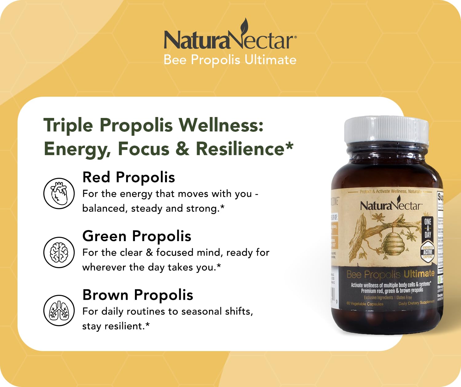 NaturaNectar - Ultimate Bee Propolis Capsules - NSF Contents Certified -Brazilian Red, Brown, & Green - Gluten-Free Supplement with Flavonoids - Naturally Sourced Through Ethical Beekeeping (60pcs.) - dailyvitalstore
