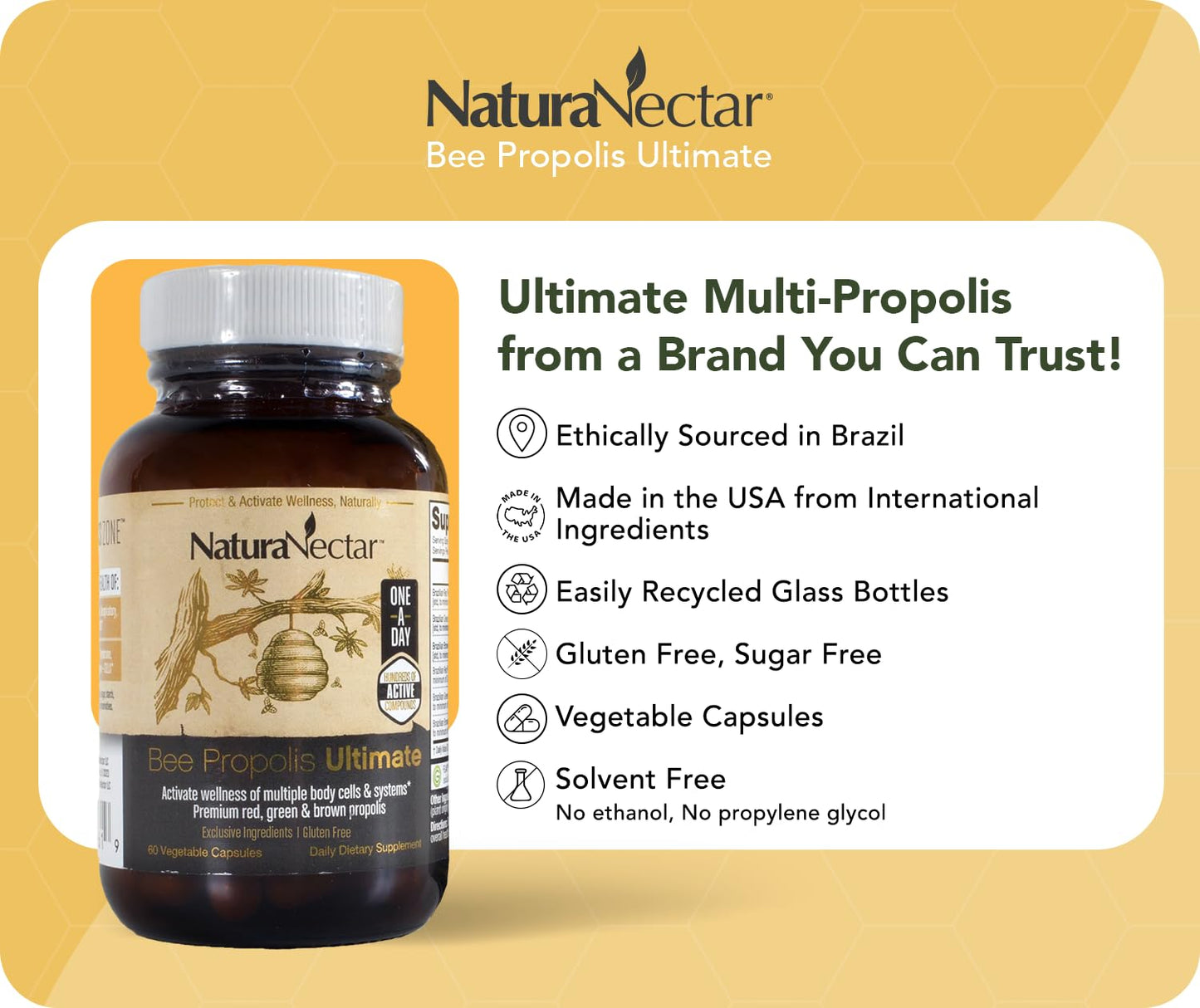 NaturaNectar - Ultimate Bee Propolis Capsules - NSF Contents Certified -Brazilian Red, Brown, & Green - Gluten-Free Supplement with Flavonoids - Naturally Sourced Through Ethical Beekeeping (60pcs.) - dailyvitalstore
