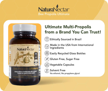 NaturaNectar - Ultimate Bee Propolis Capsules - NSF Contents Certified -Brazilian Red, Brown, & Green - Gluten-Free Supplement with Flavonoids - Naturally Sourced Through Ethical Beekeeping (60pcs.) - dailyvitalstore