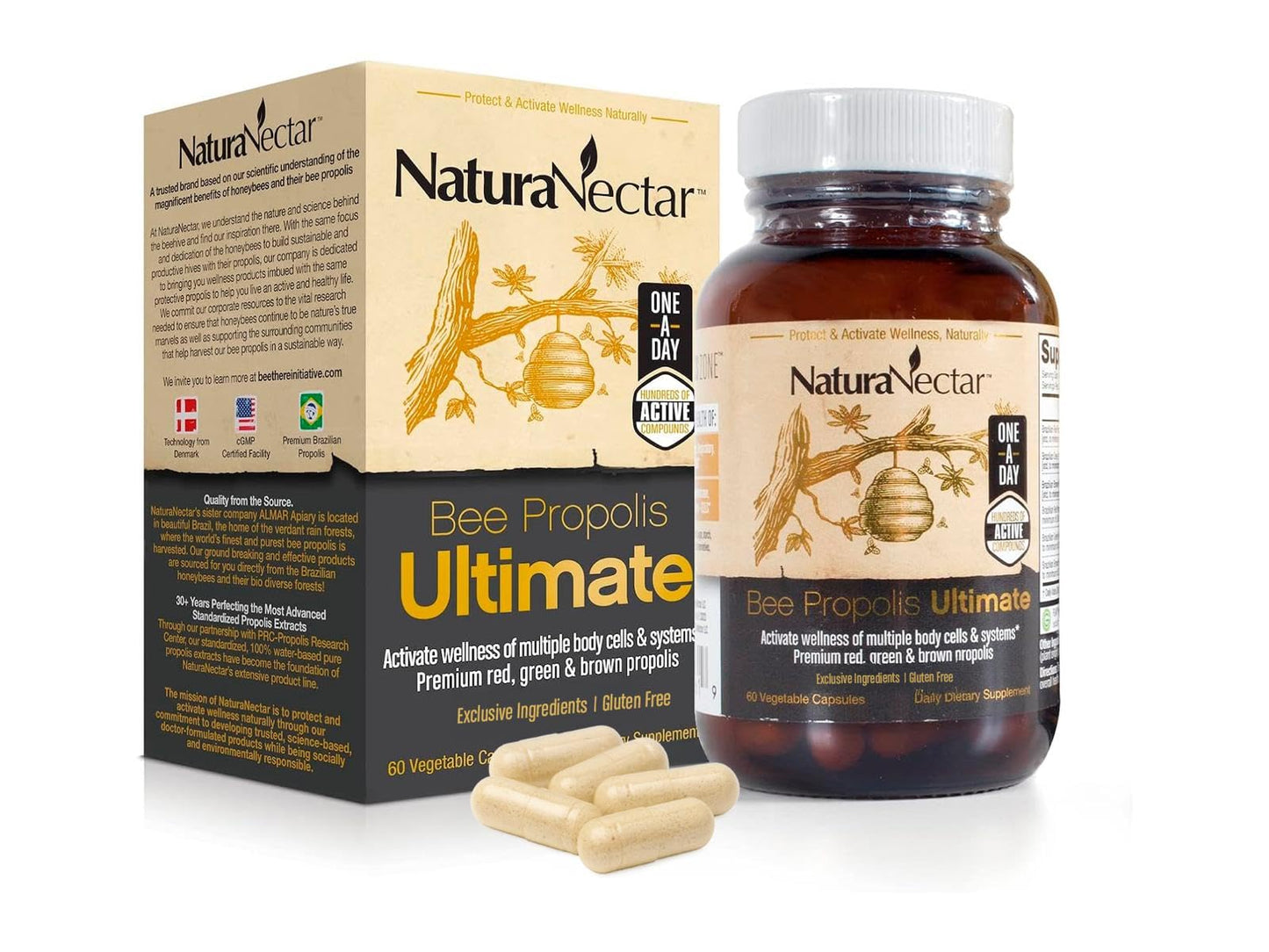 NaturaNectar - Ultimate Bee Propolis Capsules - NSF Contents Certified -Brazilian Red, Brown, & Green - Gluten-Free Supplement with Flavonoids - Naturally Sourced Through Ethical Beekeeping (60pcs.) - dailyvitalstore
