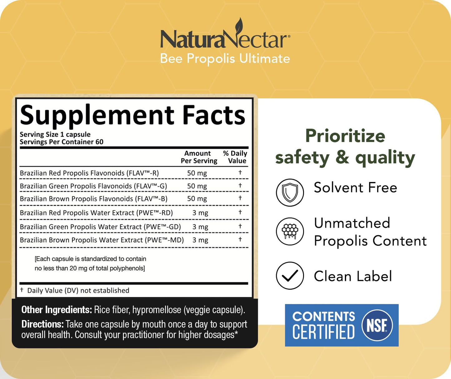 NaturaNectar - Ultimate Bee Propolis Capsules - NSF Contents Certified -Brazilian Red, Brown, & Green - Gluten-Free Supplement with Flavonoids - Naturally Sourced Through Ethical Beekeeping (60pcs.) - dailyvitalstore