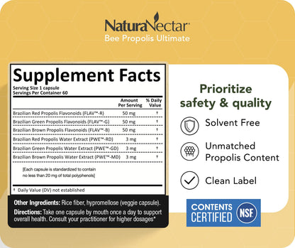 NaturaNectar - Ultimate Bee Propolis Capsules - NSF Contents Certified -Brazilian Red, Brown, & Green - Gluten-Free Supplement with Flavonoids - Naturally Sourced Through Ethical Beekeeping (60pcs.) - dailyvitalstore
