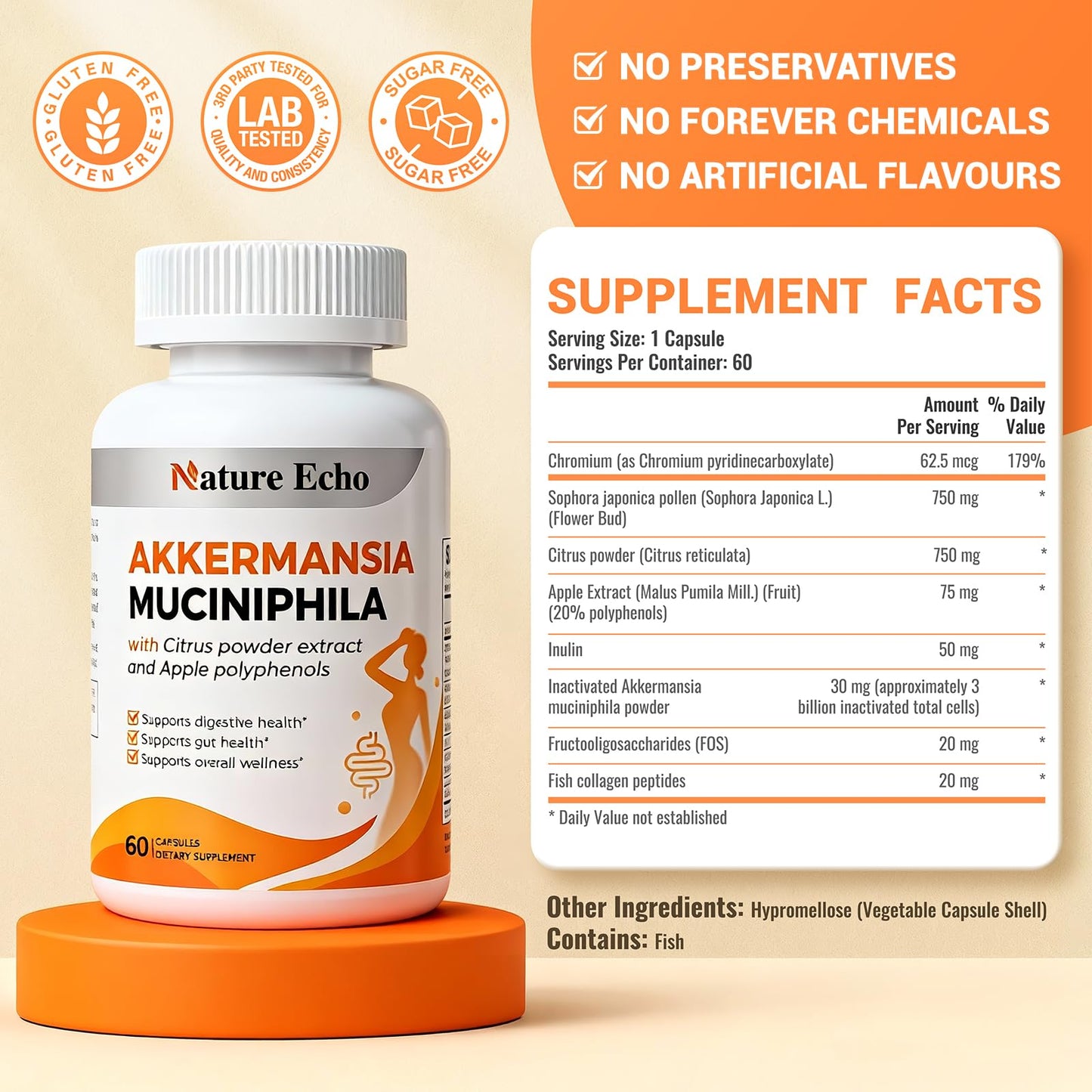 Nature Echo Supplement Support, Akkermansia Muciniphila Supplement for Cravings & Gut Health with Collagen, Inulin & Chromium - 60 Servings Capsules - dailyvitalstore