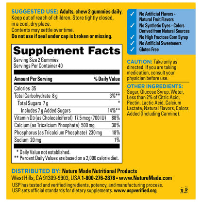 Nature Made Calcium Gummies 500 mg Per Serving with Vitamin D3, Dietary Calcium Supplement for Bone Support, 80 Gummies, 40 Day Supply - dailyvitalstore