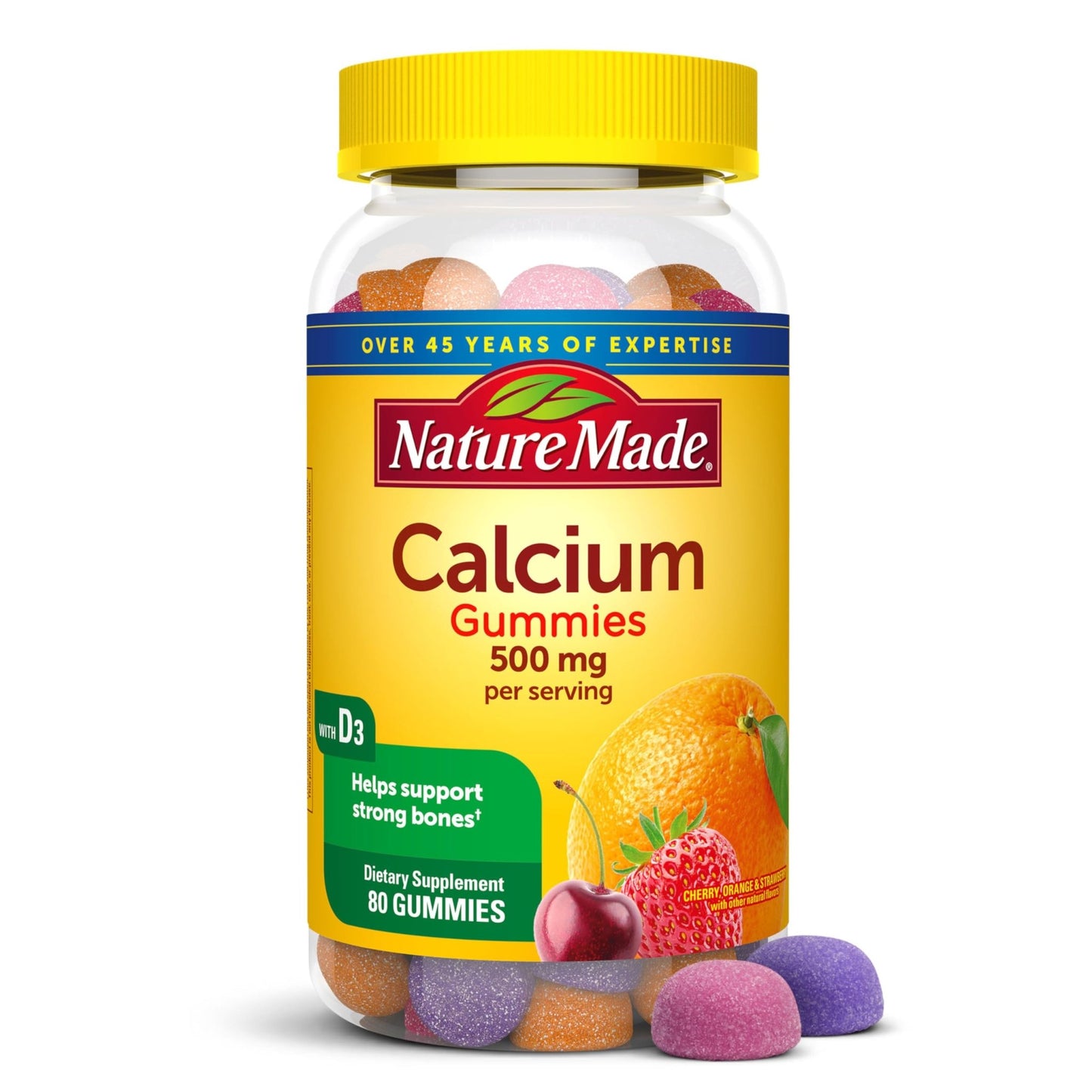 Nature Made Calcium Gummies 500 mg Per Serving with Vitamin D3, Dietary Calcium Supplement for Bone Support, 80 Gummies, 40 Day Supply - dailyvitalstore