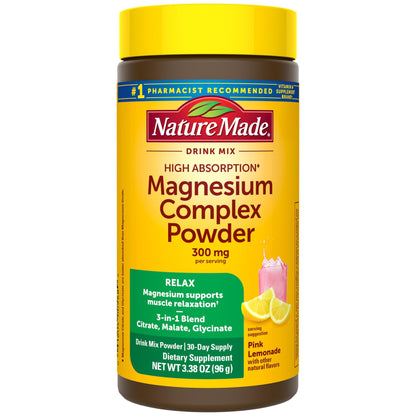 Nature Made High Absorption Magnesium Complex Drink Mix Powder, Magnesium Citrate, Glycinate & Malate 3-in-1 Blend, Pink Lemonade Flavor, 96 g, 30 Day Supply - dailyvitalstore