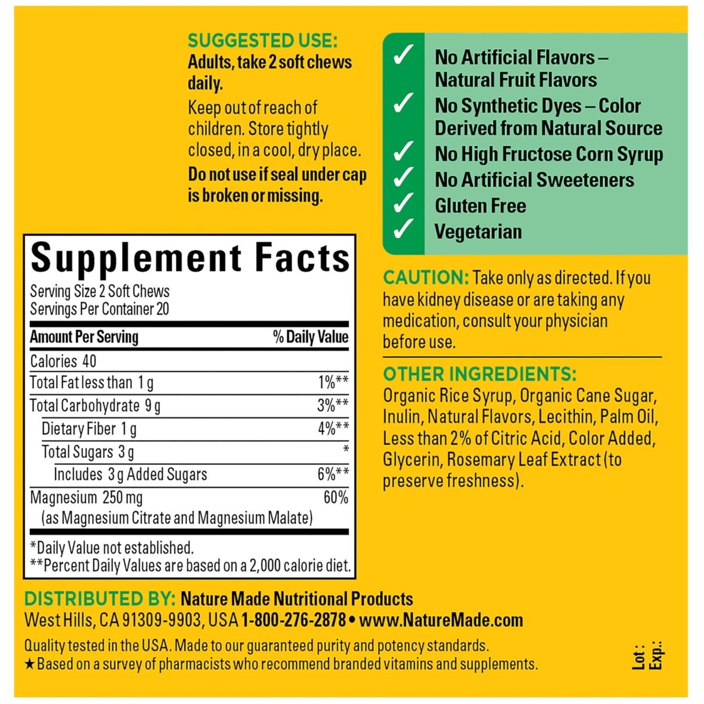 Nature Made High Absorption Magnesium Complex Soft Chews, Magnesium Supplement for Muscle, Heart, Bone Support, Magnesium Citrate & Malate Blend 250 mg per Serving, 40 Vegetarian Chews, 20 Day Supply - dailyvitalstore