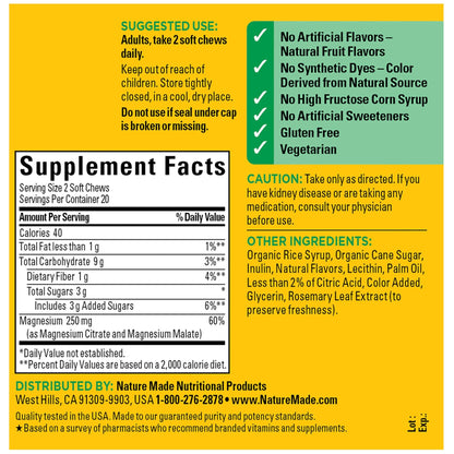 Nature Made High Absorption Magnesium Complex Soft Chews, Magnesium Supplement for Muscle, Heart, Bone Support, Magnesium Citrate & Malate Blend 250 mg per Serving, 40 Vegetarian Chews, 20 Day Supply - dailyvitalstore