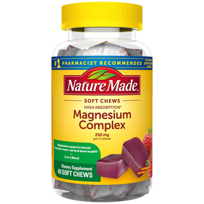 Nature Made High Absorption Magnesium Complex Soft Chews, Magnesium Supplement for Muscle, Heart, Bone Support, Magnesium Citrate & Malate Blend 250 mg per Serving, 40 Vegetarian Chews, 20 Day Supply - dailyvitalstore