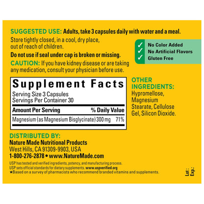 Nature Made High Absorption Magnesium Glycinate 300mg per 3 Capsules, Magnesium Supplement for Muscle, Heart, Nerve and Bone Support, 90 Magnesium Bisglycinate Capsules, 30 Day Supply - dailyvitalstore
