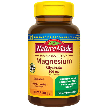 Nature Made High Absorption Magnesium Glycinate 300mg per 3 Capsules, Magnesium Supplement for Muscle, Heart, Nerve and Bone Support, 90 Magnesium Bisglycinate Capsules, 30 Day Supply - dailyvitalstore