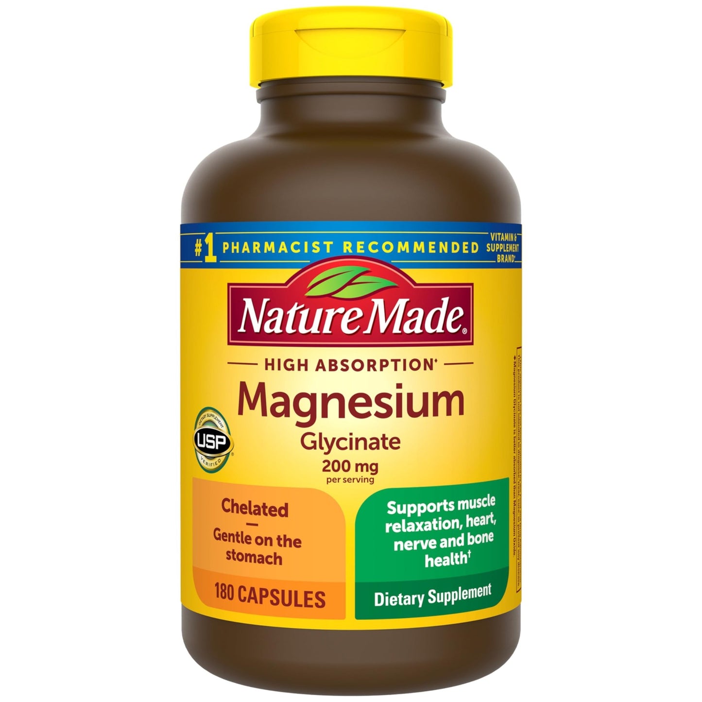 Nature Made Magnesium Glycinate 200 mg per serving, Magnesium Supplement for Muscle, Heart, Nerve and Bone Support, 180 Magnesium Bisglycinate Capsules, 90 Day Supply - dailyvitalstore