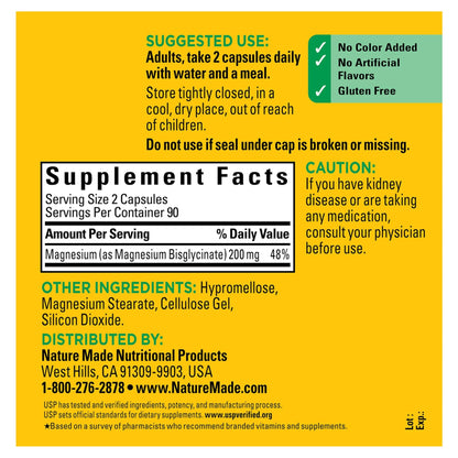 Nature Made Magnesium Glycinate 200 mg per serving, Magnesium Supplement for Muscle, Heart, Nerve and Bone Support, 180 Magnesium Bisglycinate Capsules, 90 Day Supply - dailyvitalstore