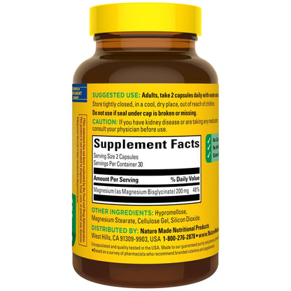 Nature Made Magnesium Glycinate 200 mg per Serving, Magnesium Supplement for Muscle, Heart, Nerve and Bone Support, 60 Magnesium Bisglycinate Capsules, 30 Day Supply - dailyvitalstore