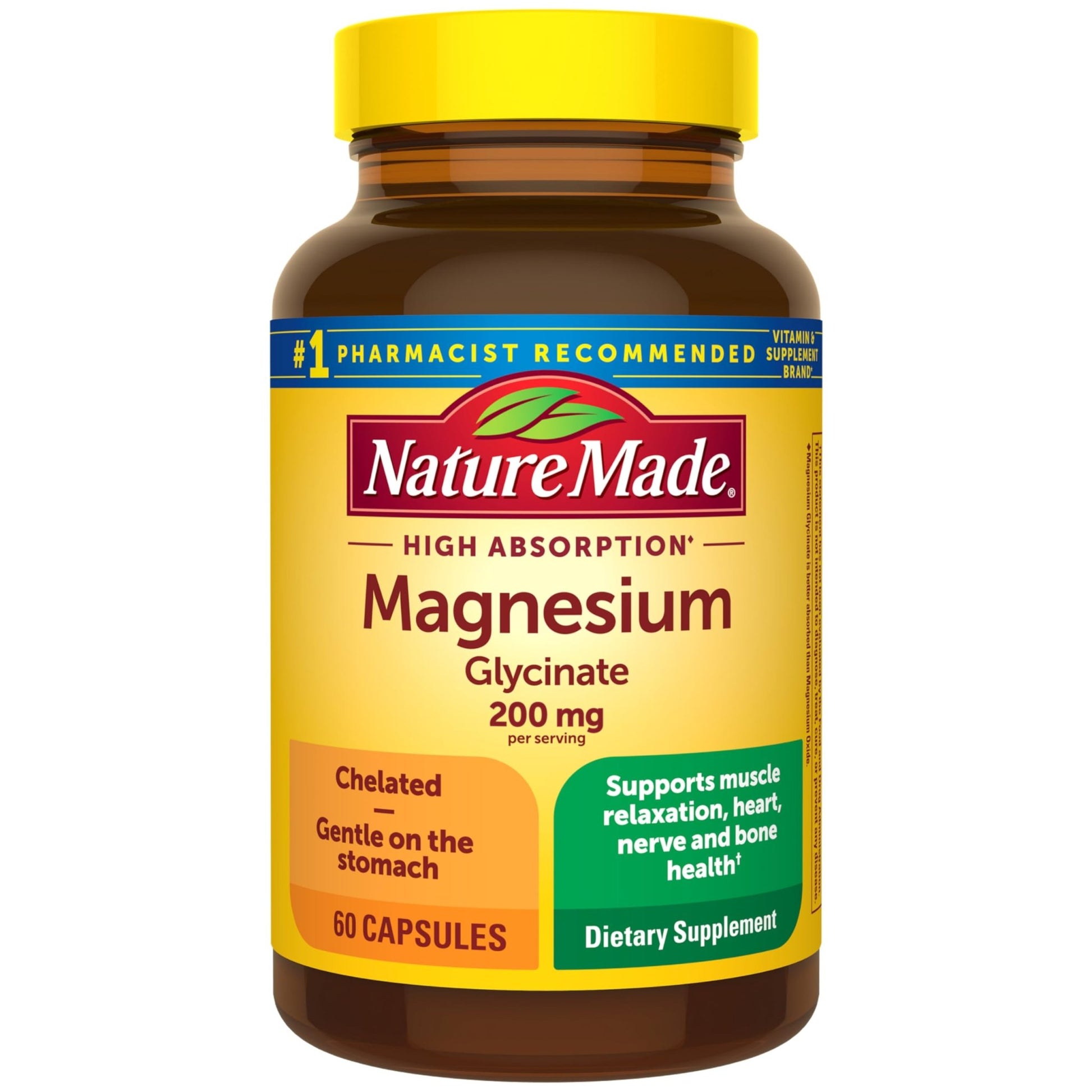 Nature Made Magnesium Glycinate 200 mg per Serving, Magnesium Supplement for Muscle, Heart, Nerve and Bone Support, 60 Magnesium Bisglycinate Capsules, 30 Day Supply - dailyvitalstore