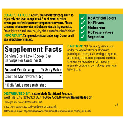 Nature Made Micronized Creatine Monohydrate Powder 5 g per Serving, Unflavored Drink Mix Powder, Muscle Support, 450 g, 90 Day Supply - dailyvitalstore