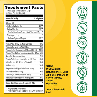 Nature Made Super Greens Powder with Prebiotic Fiber Drink Mix, Made with 1 Cup Veggies Per Serving, Fiber Supplement + Vitamins and Minerals, 25 Day Supply - dailyvitalstore