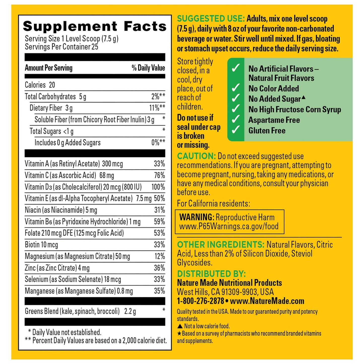 Nature Made Super Greens Powder with Prebiotic Fiber Drink Mix, Made with 1 Cup Veggies Per Serving, Fiber Supplement + Vitamins and Minerals, 25 Day Supply - dailyvitalstore