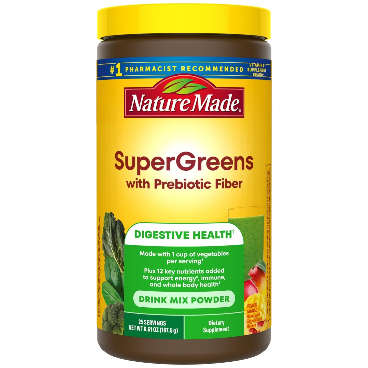 Nature Made Super Greens Powder with Prebiotic Fiber Drink Mix, Made with 1 Cup Veggies Per Serving, Fiber Supplement + Vitamins and Minerals, 25 Day Supply - dailyvitalstore