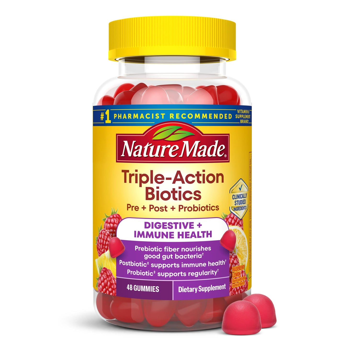 Nature Made Triple-Action Biotics, Gut and Immune Health Support, Digestive Probiotics for Women and Men, Prebiotic Fiber Gummies, 48 Gummies, 24 Day Supply - dailyvitalstore