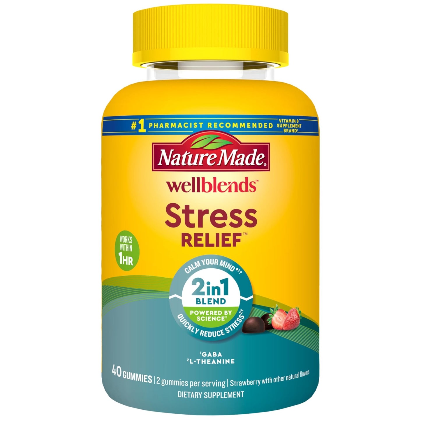 Nature Made Wellblends Stress Relief Gummies, L theanine 200mg to Help Reduce Stress, with GABA 100mg, Same Day Stress Support, 40 Strawberry Flavor Gummies - dailyvitalstore