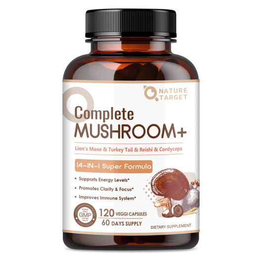 NATURE TARGET 14-in-1 Mushroom Supplement - Mushroom Complex with Lion's Mane, Cordyceps, Reishi & Turkey Tail - Caffeine-Free Energy, Memory & Immune Support - Vegan, 120 Capsules - dailyvitalstore