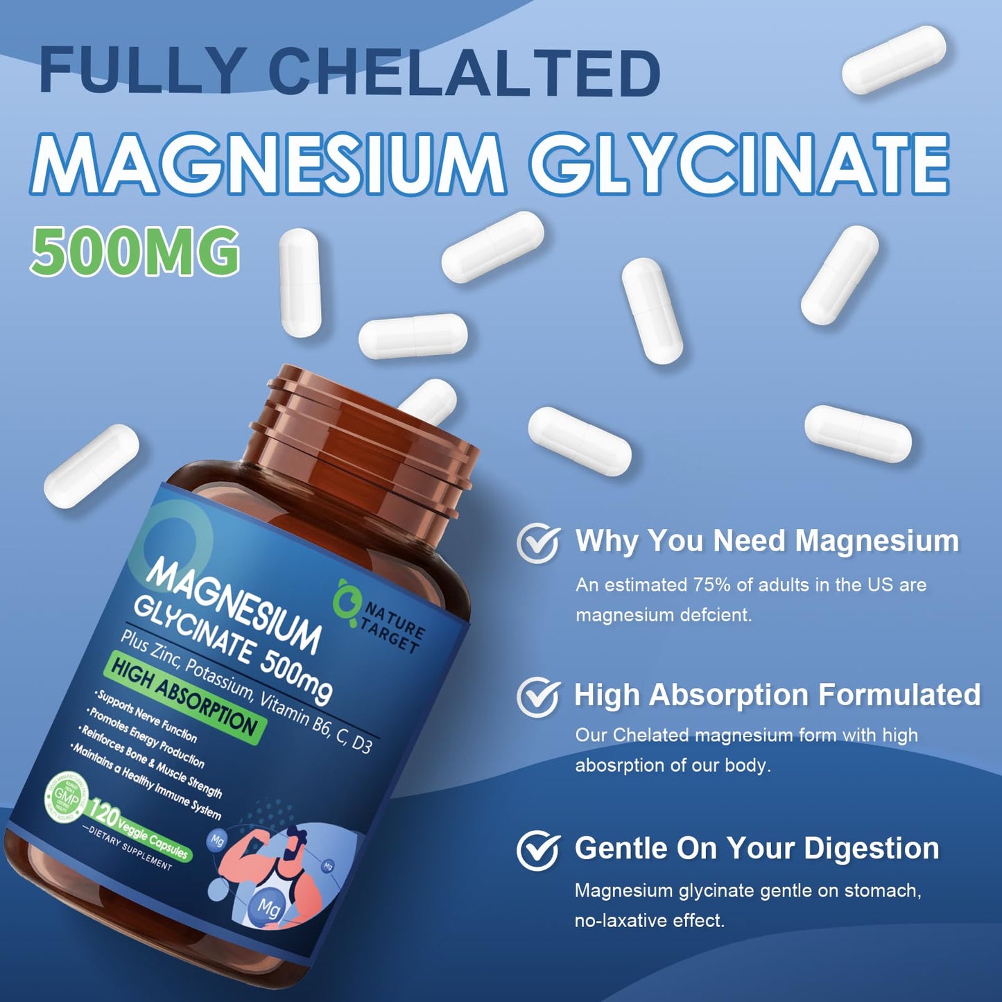 NATURE TARGET Magnesium Glycinate 500mg, Chelated Magnesium with Zinc & Vitamin D3 for Muscle, Nerve & Bone, Support Heart Health & Leg Cramp, Strength Immune System - 120 Capsules - dailyvitalstore