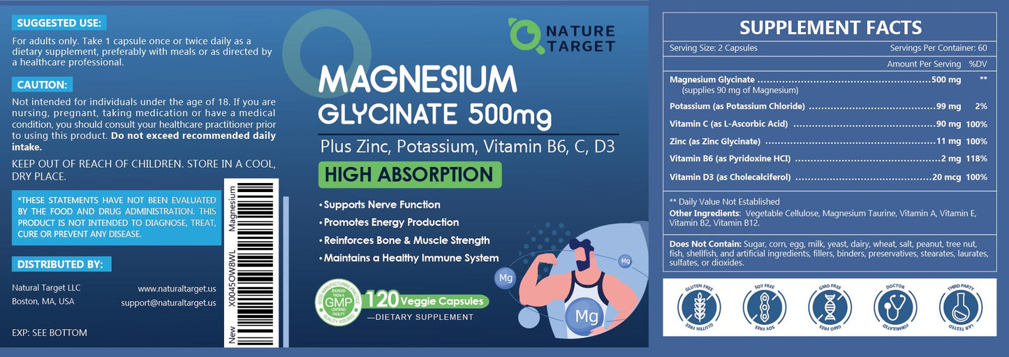 NATURE TARGET Magnesium Glycinate 500mg, Chelated Magnesium with Zinc & Vitamin D3 for Muscle, Nerve & Bone, Support Heart Health & Leg Cramp, Strength Immune System - 120 Capsules - dailyvitalstore