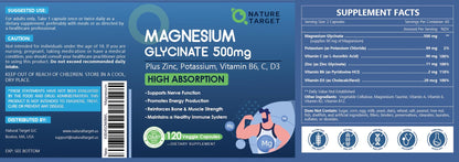 NATURE TARGET Magnesium Glycinate 500mg, Chelated Magnesium with Zinc & Vitamin D3 for Muscle, Nerve & Bone, Support Heart Health & Leg Cramp, Strength Immune System - 120 Capsules - dailyvitalstore