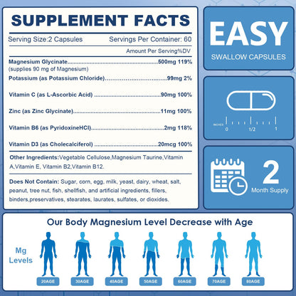 NATURE TARGET Magnesium Glycinate 500mg, Chelated Magnesium with Zinc & Vitamin D3 for Muscle, Nerve & Bone, Support Heart Health & Leg Cramp, Strength Immune System - 120 Capsules - dailyvitalstore