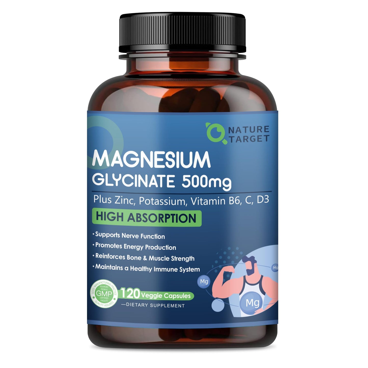 NATURE TARGET Magnesium Glycinate 500mg, Chelated Magnesium with Zinc & Vitamin D3 for Muscle, Nerve & Bone, Support Heart Health & Leg Cramp, Strength Immune System - 120 Capsules - dailyvitalstore