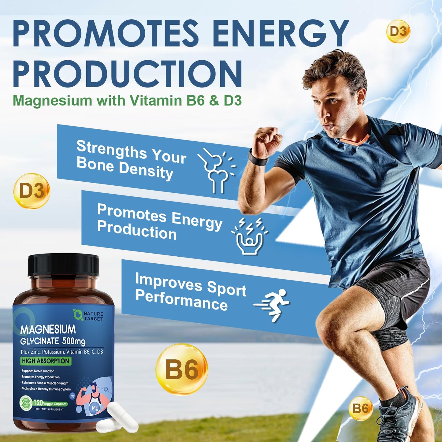 NATURE TARGET Magnesium Glycinate 500mg, Chelated Magnesium with Zinc & Vitamin D3 for Muscle, Nerve & Bone, Support Heart Health & Leg Cramp, Strength Immune System - 120 Capsules - dailyvitalstore