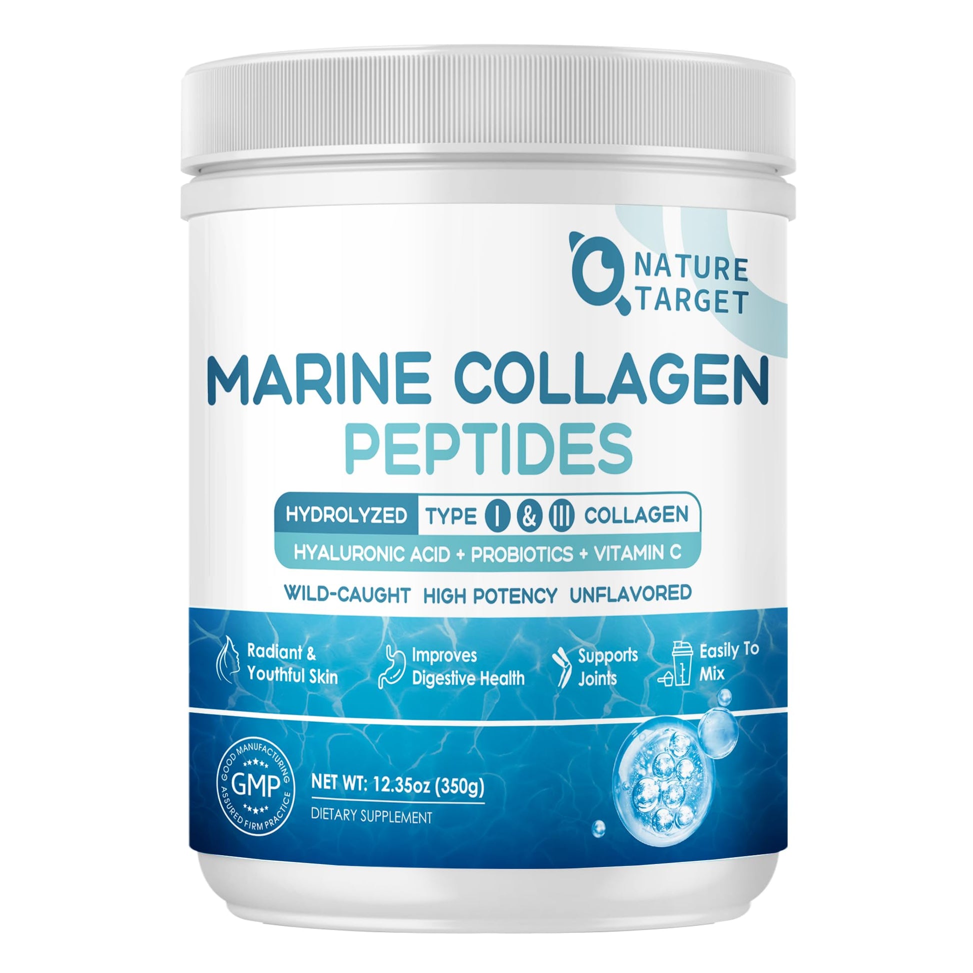 NATURE TARGET Marine Collagen Peptides Powder - Type I & III Collagen with Probiotics, Vitamin C & Hyaluronic Acid for Skin, Hair, Nails - dailyvitalstore