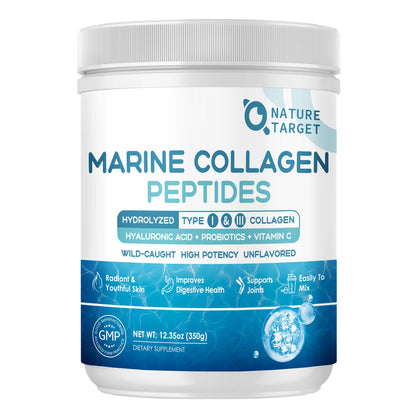 NATURE TARGET Marine Collagen Peptides Powder - Type I & III Collagen with Probiotics, Vitamin C & Hyaluronic Acid for Skin, Hair, Nails - dailyvitalstore