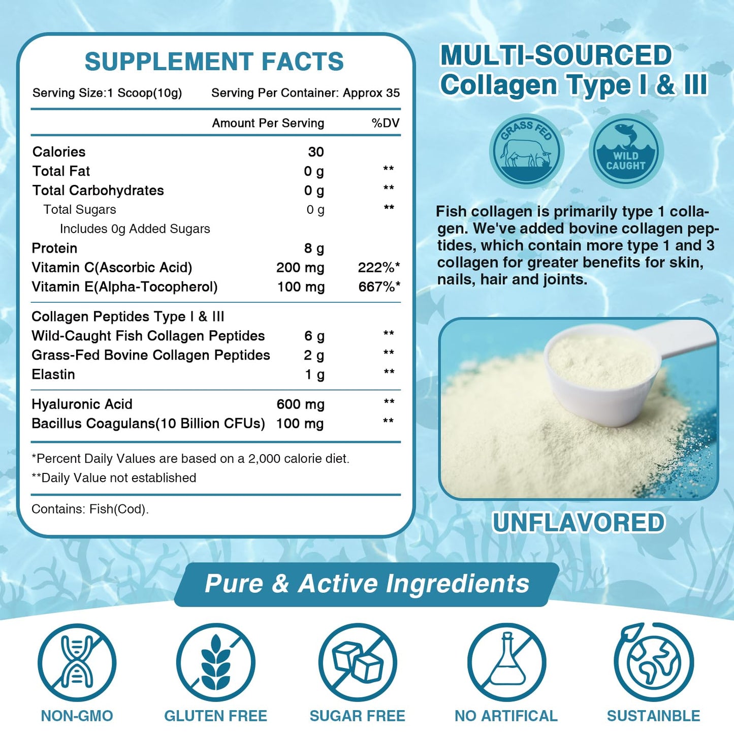NATURE TARGET Marine Collagen Peptides Powder - Type I & III Collagen with Probiotics, Vitamin C & Hyaluronic Acid for Skin, Hair, Nails - dailyvitalstore