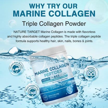 NATURE TARGET Marine Collagen Peptides Powder - Type I & III Collagen with Probiotics, Vitamin C & Hyaluronic Acid for Skin, Hair, Nails - dailyvitalstore