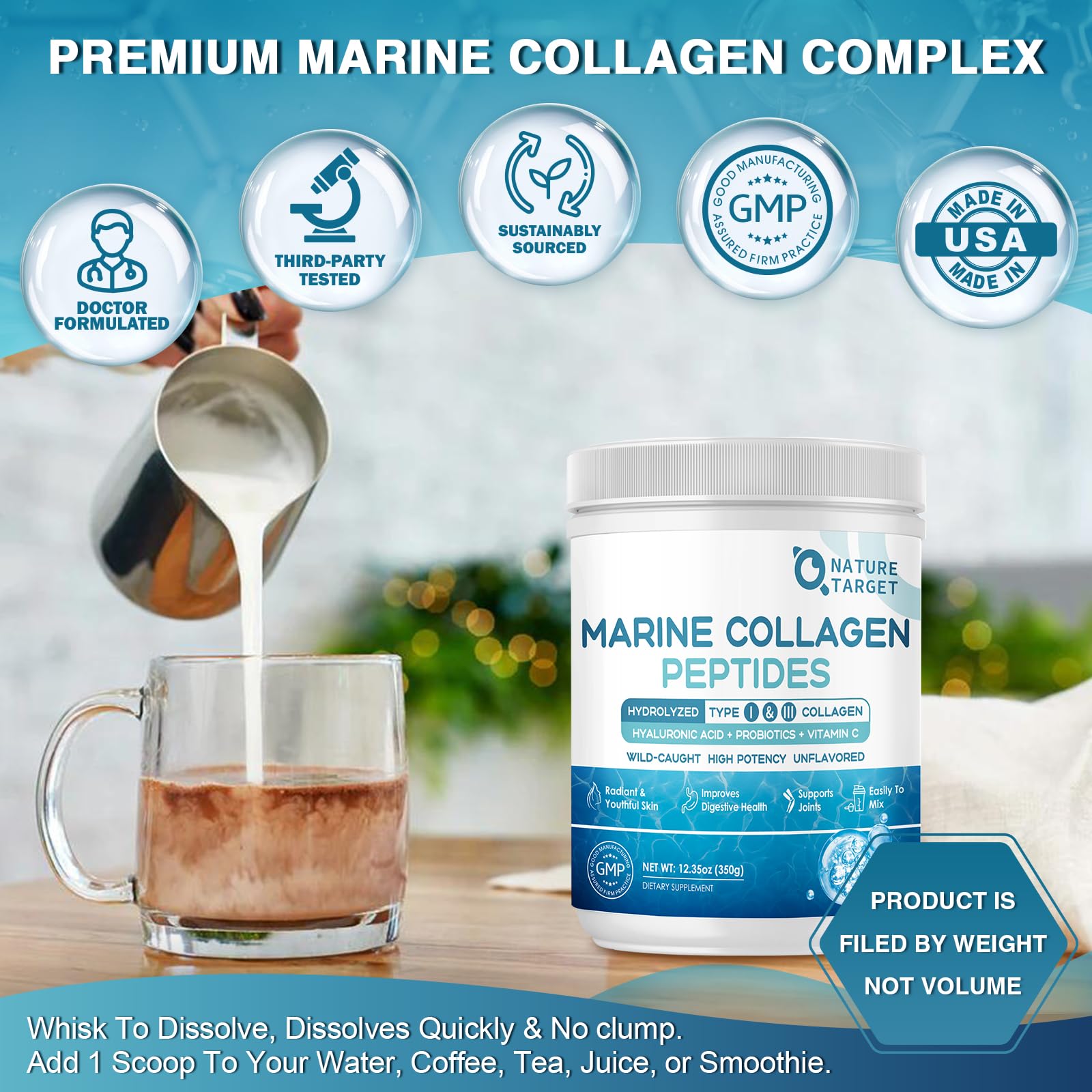 NATURE TARGET Marine Collagen Peptides Powder - Type I & III Collagen with Probiotics, Vitamin C & Hyaluronic Acid for Skin, Hair, Nails - dailyvitalstore