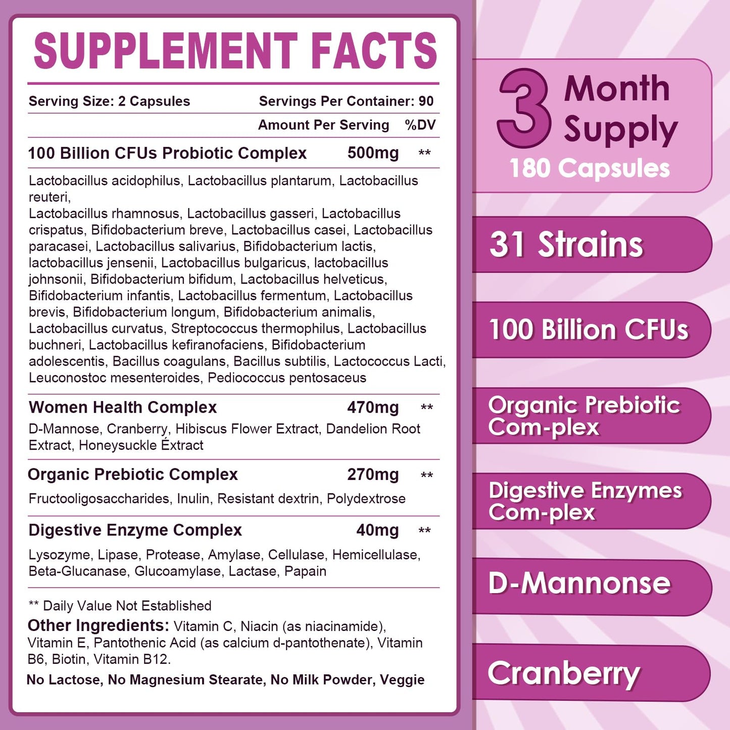 NATURE TARGET Probiotics for Women, 100 Billion CFUs Probiotic with Digestive Enzymes & Prebiotics, Vaginal Probiotics with Cranberry for Urinary Tract Health, - dailyvitalstore