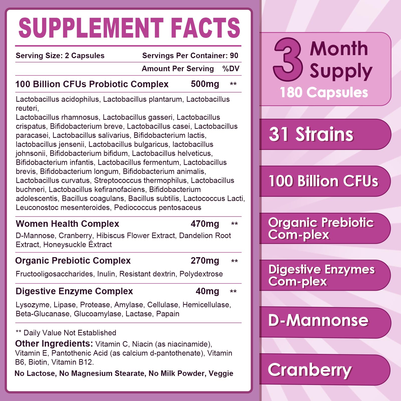 NATURE TARGET Probiotics for Women, 100 Billion CFUs Probiotic with Digestive Enzymes & Prebiotics, Vaginal Probiotics with Cranberry for Urinary Tract Health, - dailyvitalstore