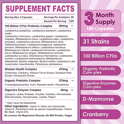 NATURE TARGET Probiotics for Women, 100 Billion CFUs Probiotic with Digestive Enzymes & Prebiotics, Vaginal Probiotics with Cranberry for Urinary Tract Health, - dailyvitalstore