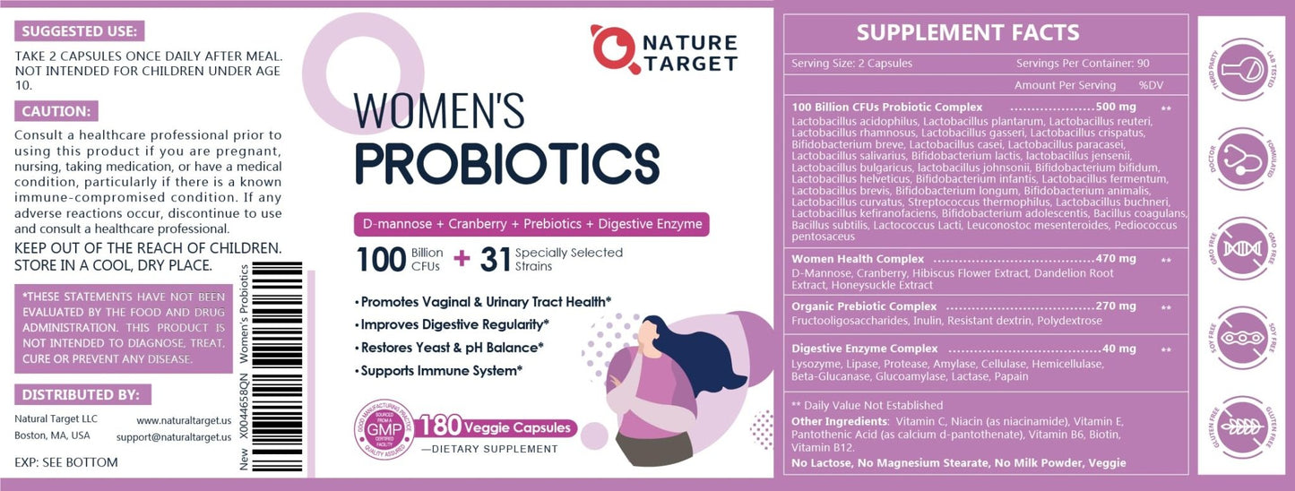 NATURE TARGET Probiotics for Women, 100 Billion CFUs Probiotic with Digestive Enzymes & Prebiotics, Vaginal Probiotics with Cranberry for Urinary Tract Health, - dailyvitalstore