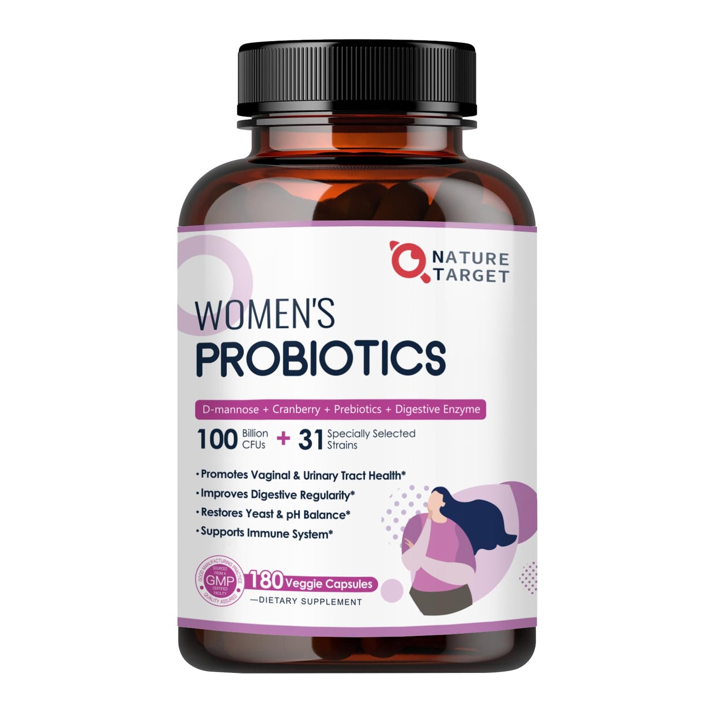 NATURE TARGET Probiotics for Women, 100 Billion CFUs Probiotic with Digestive Enzymes & Prebiotics, Vaginal Probiotics with Cranberry for Urinary Tract Health, - dailyvitalstore