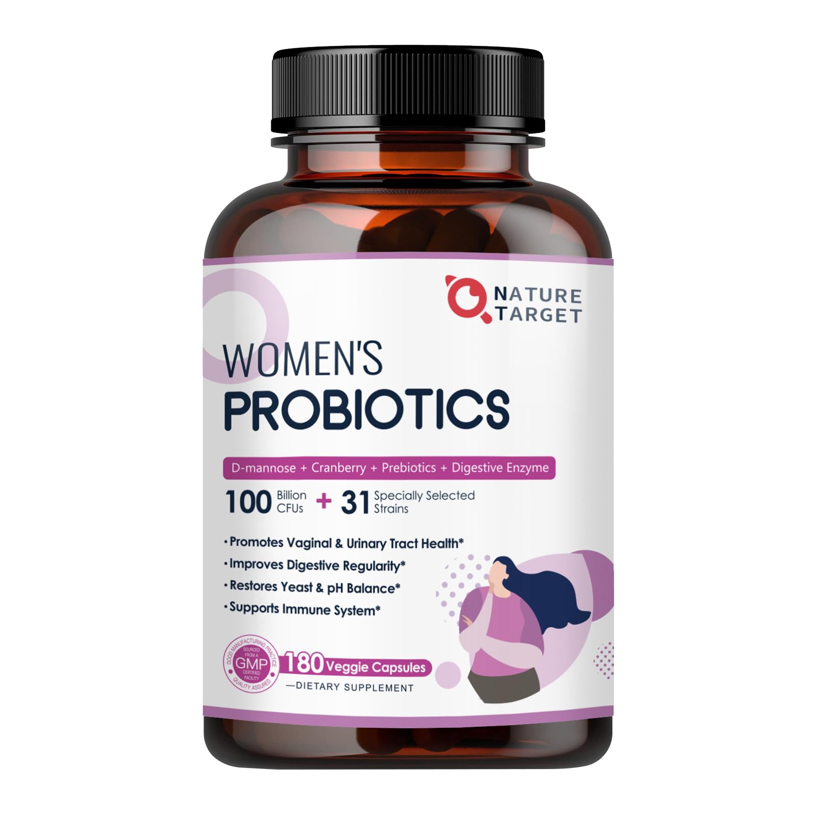 NATURE TARGET Probiotics for Women, 100 Billion CFUs Probiotic with Digestive Enzymes & Prebiotics, Vaginal Probiotics with Cranberry for Urinary Tract Health, - dailyvitalstore