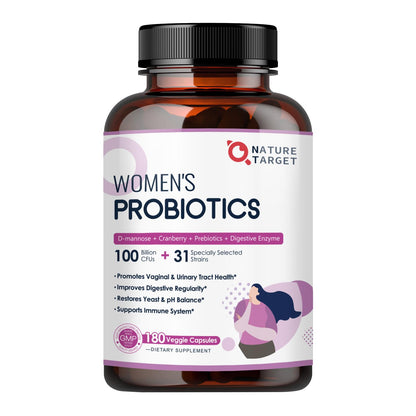 NATURE TARGET Probiotics for Women, 100 Billion CFUs Probiotic with Digestive Enzymes & Prebiotics, Vaginal Probiotics with Cranberry for Urinary Tract Health, - dailyvitalstore