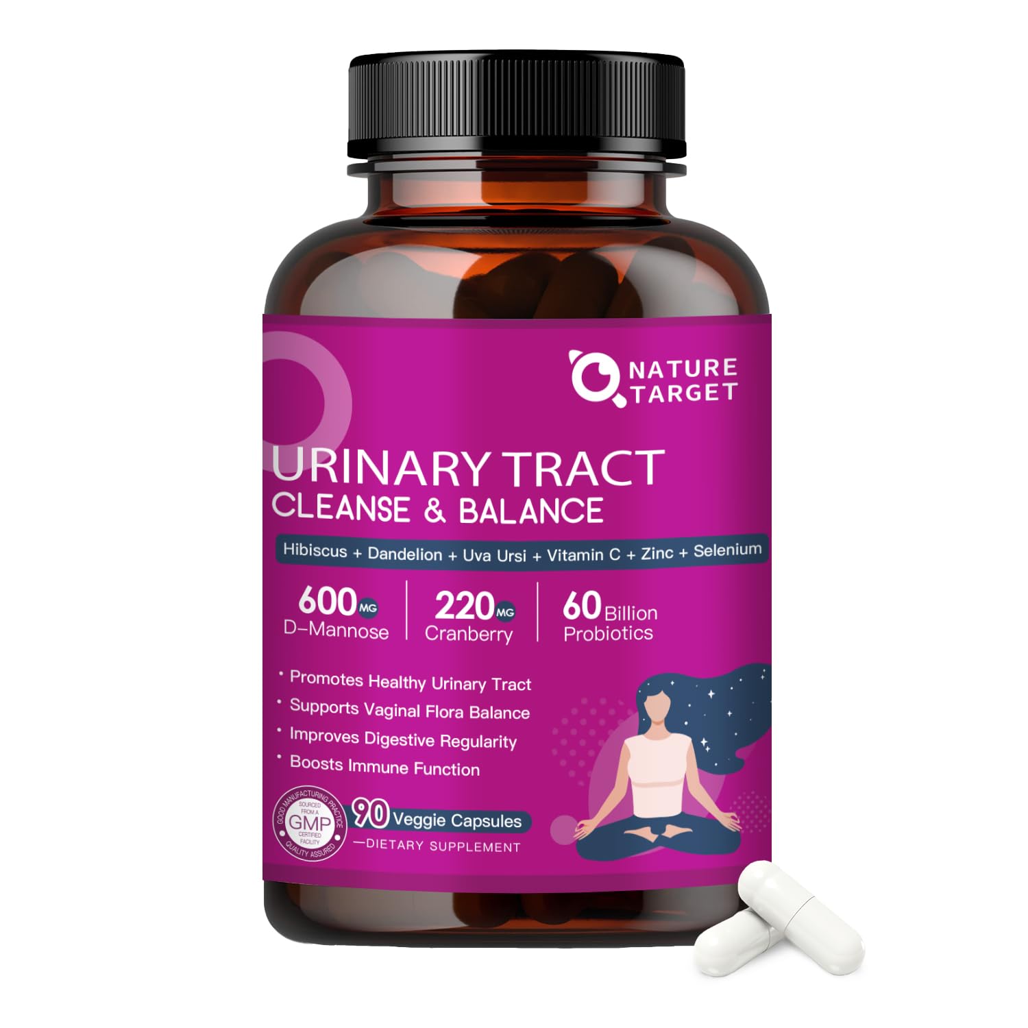 NATURE TARGET Probiotics for Women Urinary Tract Health with D Mannose & Cranberry - 60 Billion CFUs Vaginal Probiotics for Digestive Health, UTI & PH Balance with Prebiotics - 90 Capsules - dailyvitalstore
