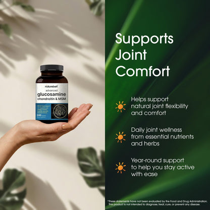 NatureBell Advanced Glucosamine Chondroitin & MSM - 240 Capsules - 10-in-1 Joint Support Complex* - Includes Hyaluronic Acid, Turmeric, Glucosamine, Collagen & More - dailyvitalstore