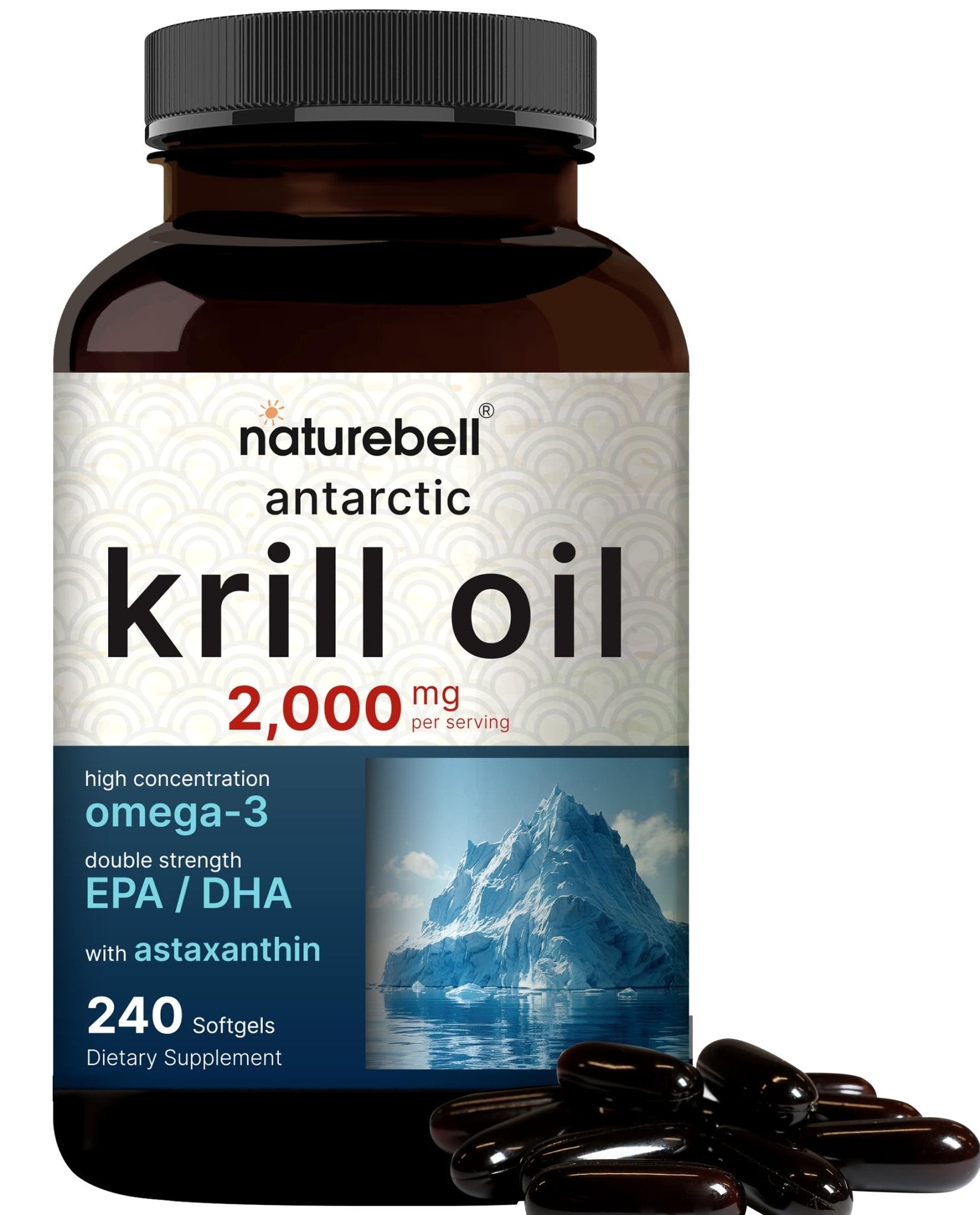 NatureBell Antarctic Krill Oil 2000mg Supplement, 240 Softgels, 3X Strength Natural Source of Omega-3s, EPA 240mg + DHA 160mg + Astaxanthin 800mcg - dailyvitalstore